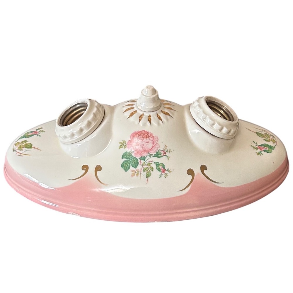 Vintage Art Deco‎ Porcelier Flush Mount Ceiling Light Pink Rose Floral 2-Light